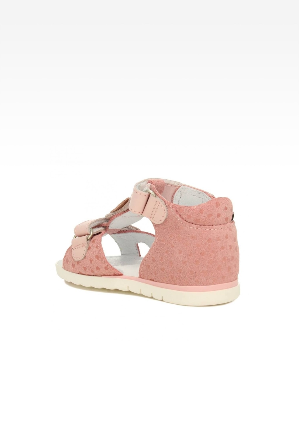 Dziewczęce sandały Bartek 11414007 w jasnoróżowym kolorze z kropkowanym wzorem, zapinane na rzep, z otwartymi palcami i podeszwą w kolorze kremowym.