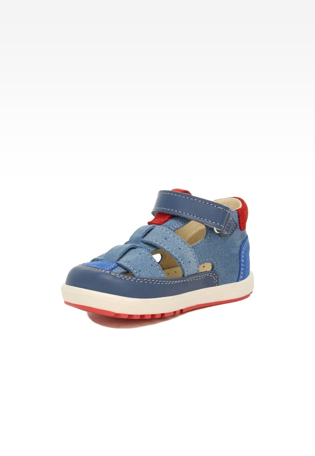 Niebiesko-czerwone sandały dziecięce Bartek 11694-020 Mini first steps z zapięciem na rzep, idealne dla chłopców stawiających pierwsze kroki, z miękką podeszwą.