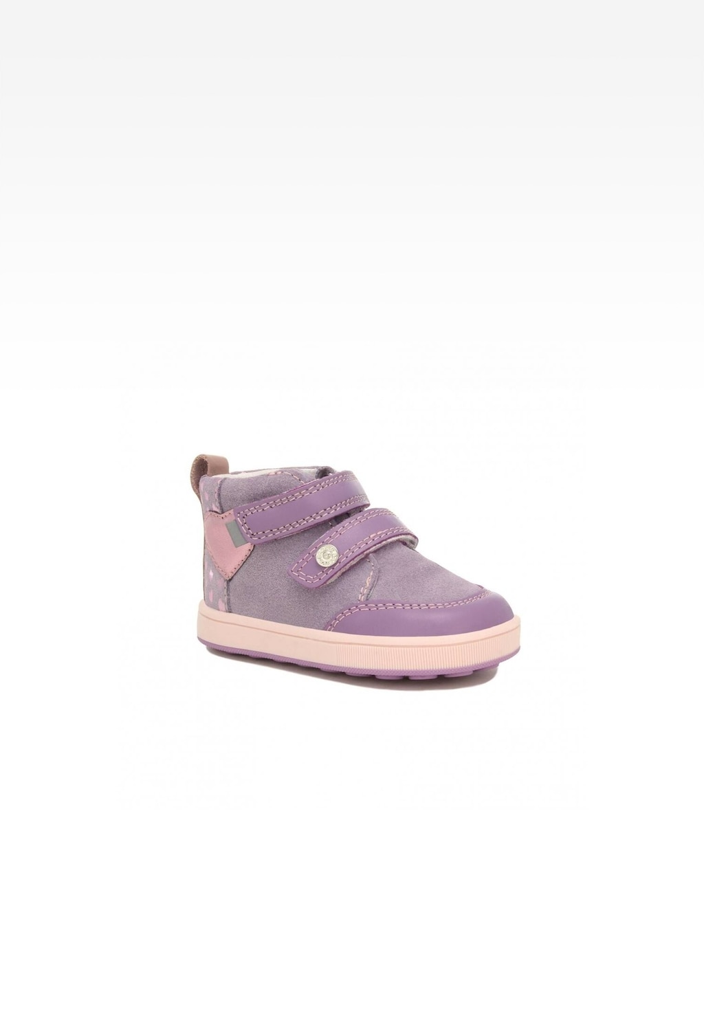Fioletowe buty dziecięce Bartek 136300-06 Mini first steps dla dziewcząt, z rzepami i ozdobnym guzikiem, idealne do pierwszych kroków.
