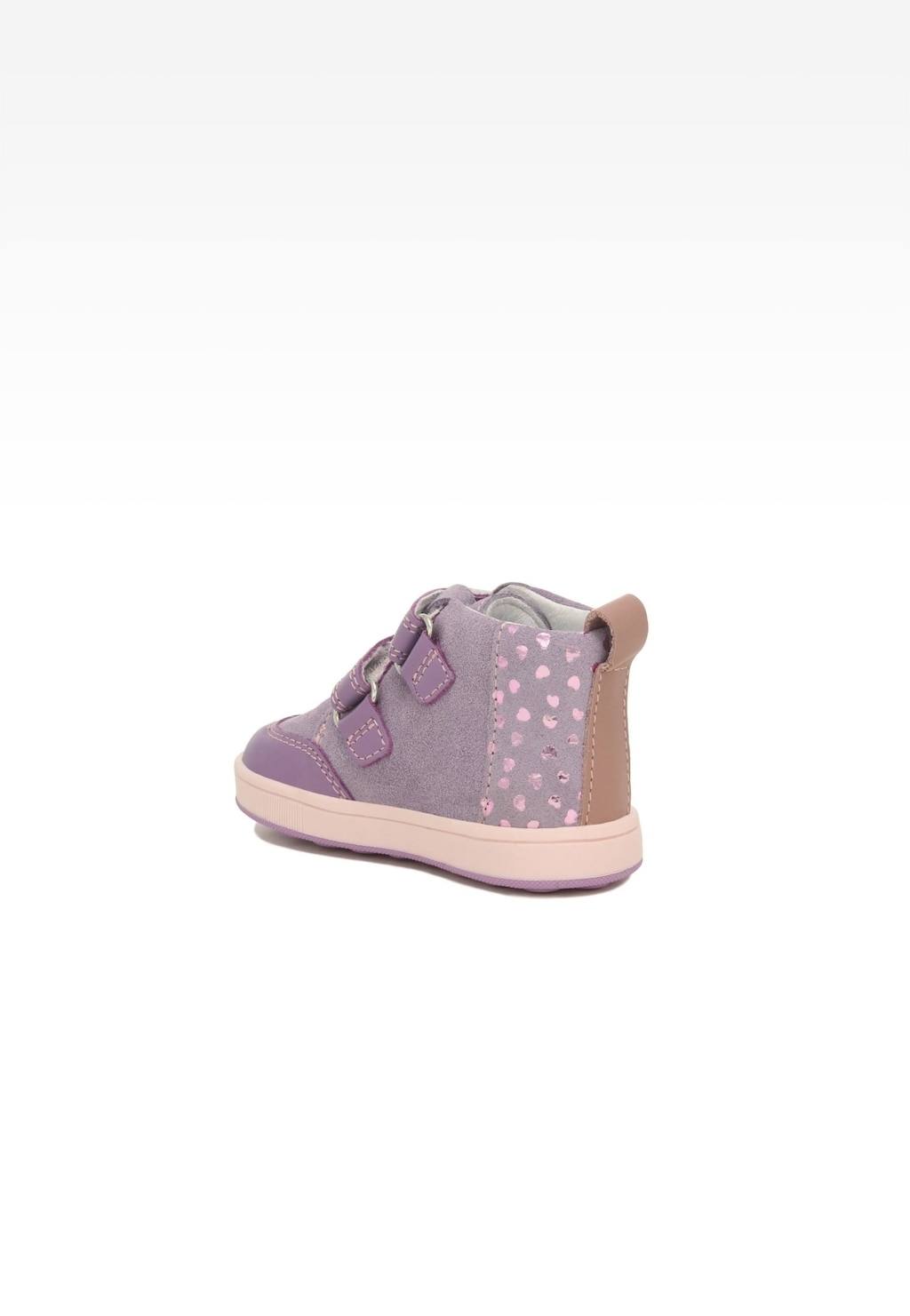 Fioletowe buciki dziecięce Bartek 136300-06 Mini first steps dla dziewczynki z różowymi wzorkami, zapinane na rzepy. Widok z boku pokazuje zabudowaną cholewkę i jasną podeszwę.