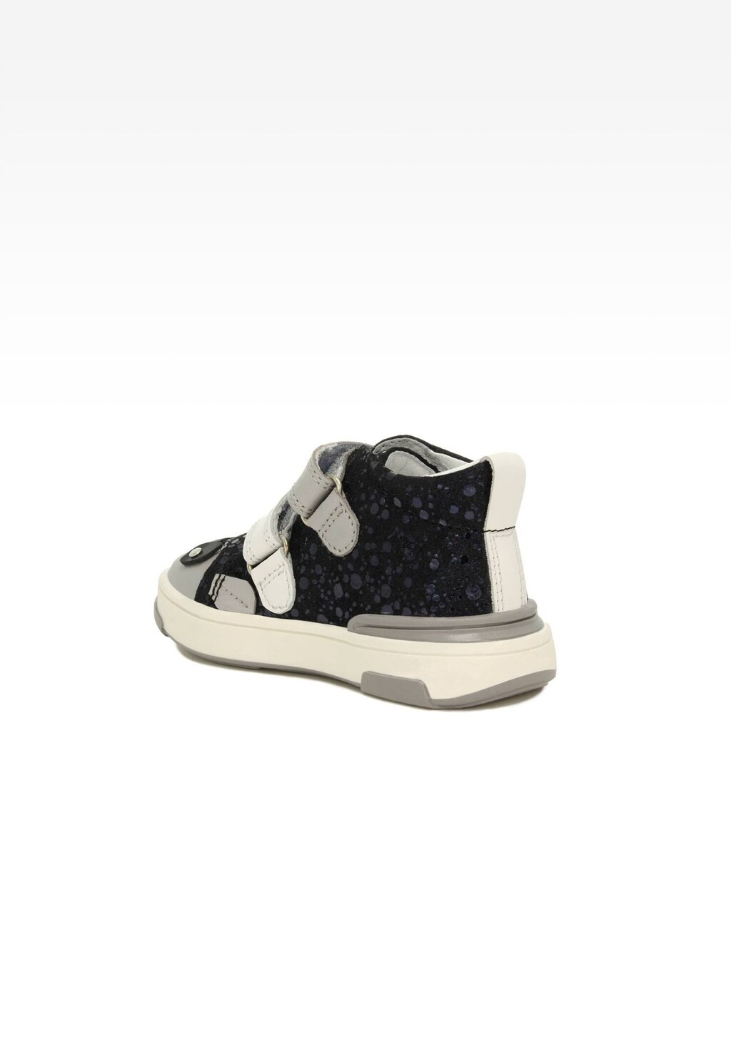 Dziecięce buciki Bartek Mini first steps 13678007 w kolorze granatowo-szarym, z zapięciem na rzepy, wzorzystą wstawką i białą podeszwą, widok z tyłu.