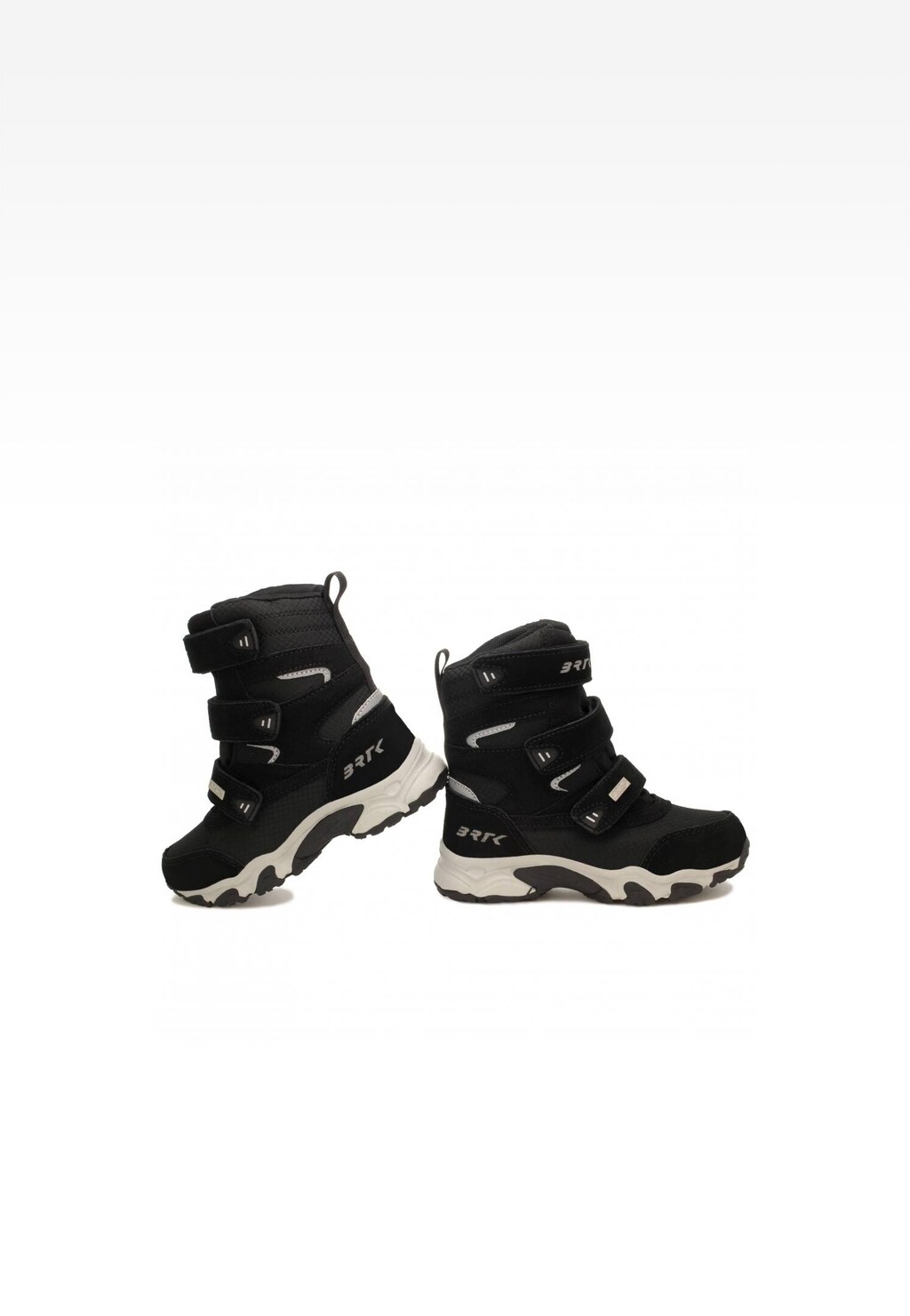 Czarne trzewiki ocieplane Bartek 14587001 z rzepami, białą podeszwą i szarymi elementami, idealne na zimowe warunki. Buty prezentowane z boku, pokazujące sportowy design.