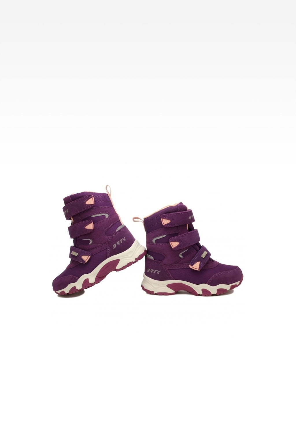 Fioletowe trzewiki ocieplane Bartek 14587002 dla dziewcząt z rzepami i różowymi elementami, na białej podeszwie z antypoślizgowym bieżnikiem, widok z boku.