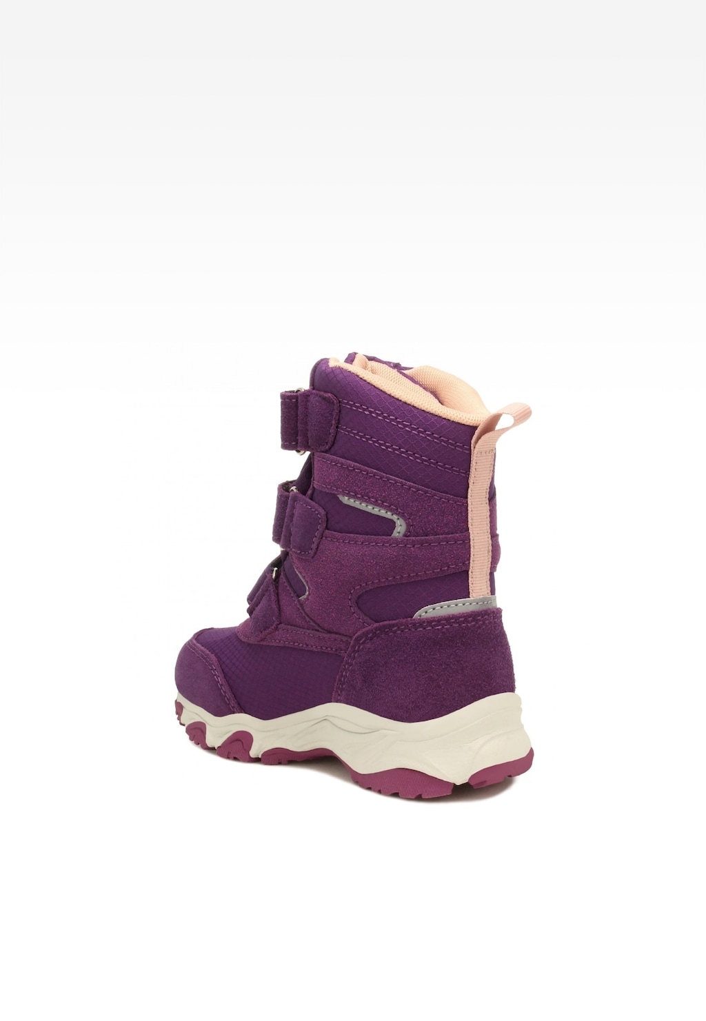 Fioletowe trzewiki ocieplane Bartek 17587002 dla dziewczynki z zapięciem na rzepy, różowymi wstawkami i wygodną podeszwą, widok z boku.