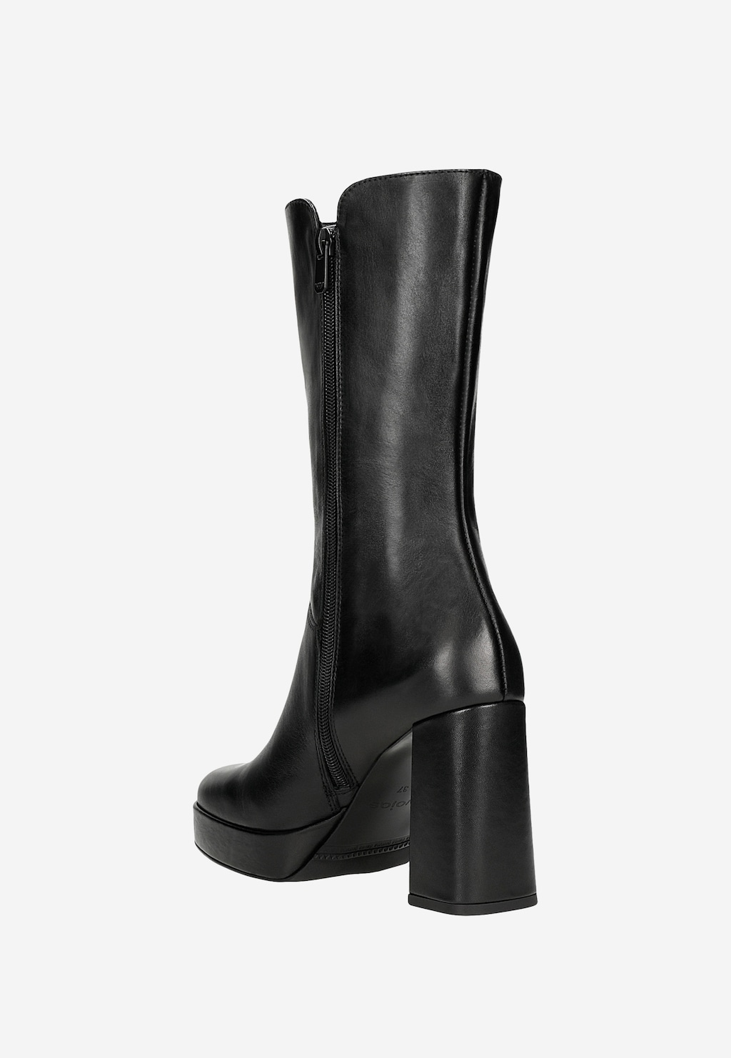 Czarne botki damskie Wojas model 55215-51 z bocznym zamkiem błyskawicznym, wykonane ze skóry, na wysokim, masywnym obcasie i stabilnej platformie, widok z tyłu.
