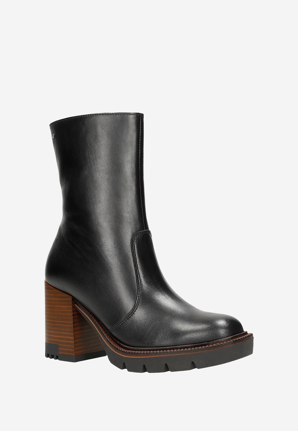 Eleganckie czarne botki damskie Wojas model 55225-51 z gładkiej skóry na wyrazistym brązowym obcasie i platformie z protektorem, idealne na jesienne stylizacje.