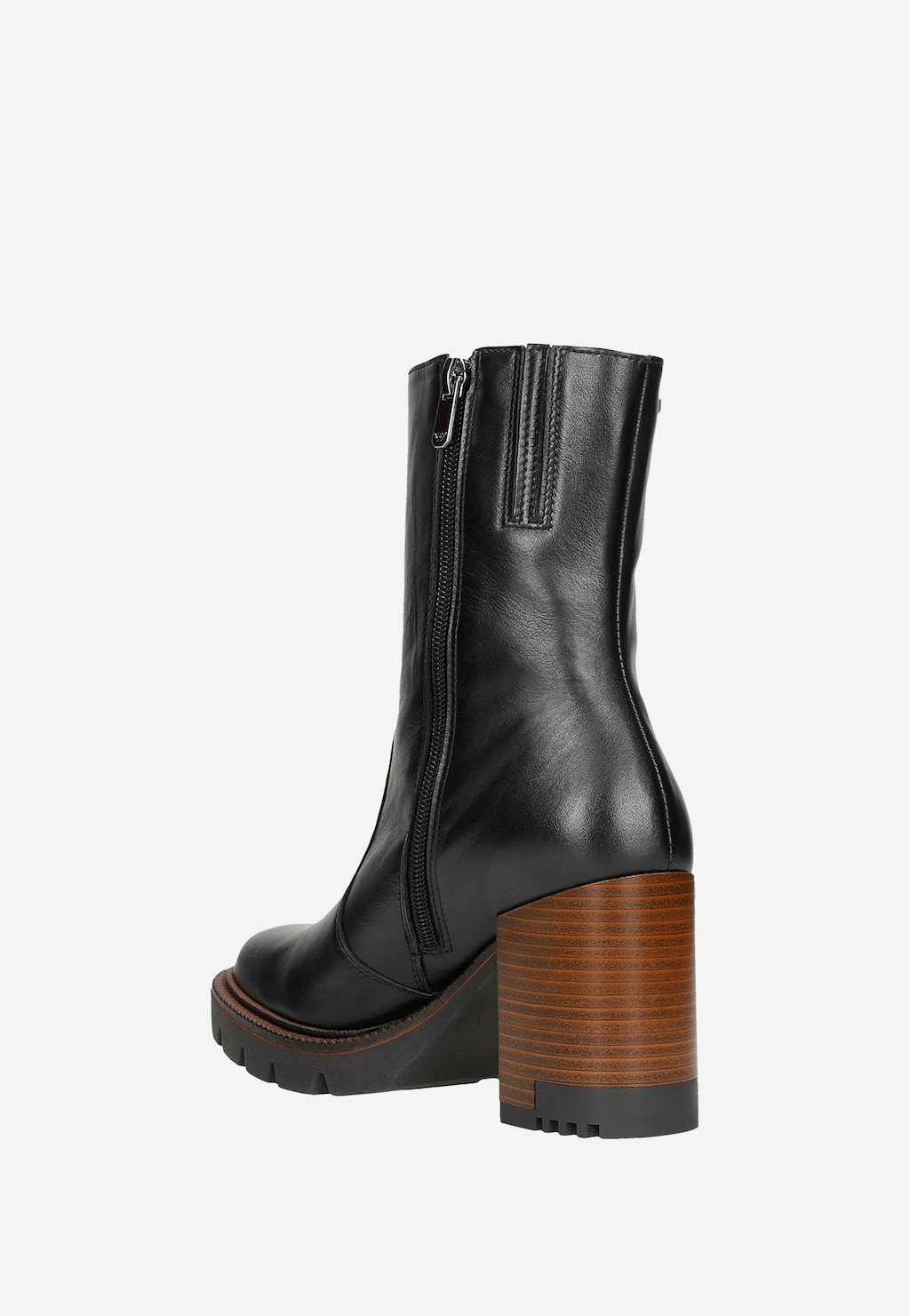 Czarne skórzane botki damskie Wojas model 55225-51 z bocznym zamkiem, na masywnym brązowym obcasie i grubej podeszwie, widok z tyłu.