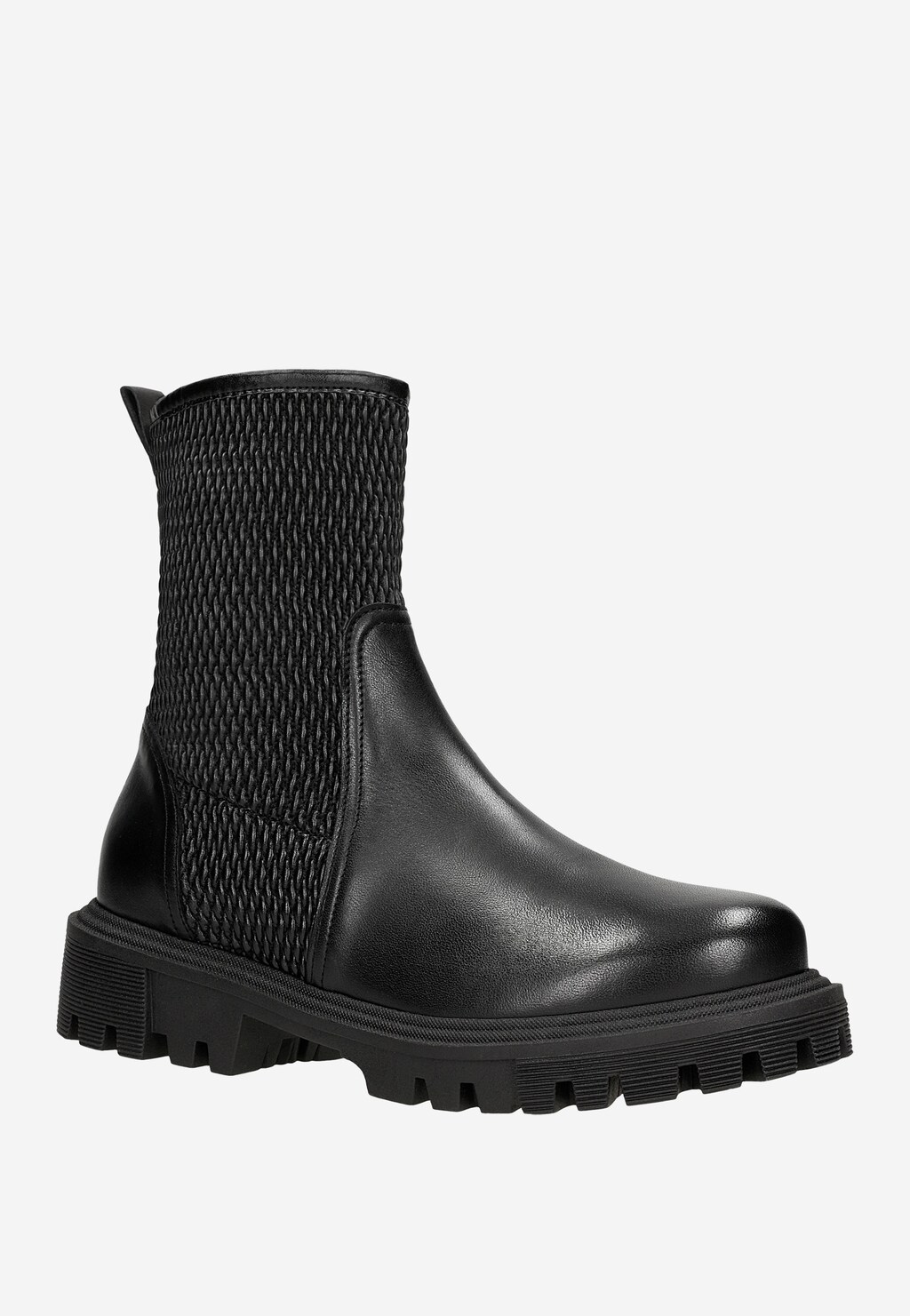 Czarne elastyczne botki damskie Wojas model 55228-81 z fakturowaną cholewką, zapinane na zamek. Wytrzymała podeszwa z bieżnikiem, stylowy design z połączeniem gładkiej skóry i tłoczenia.