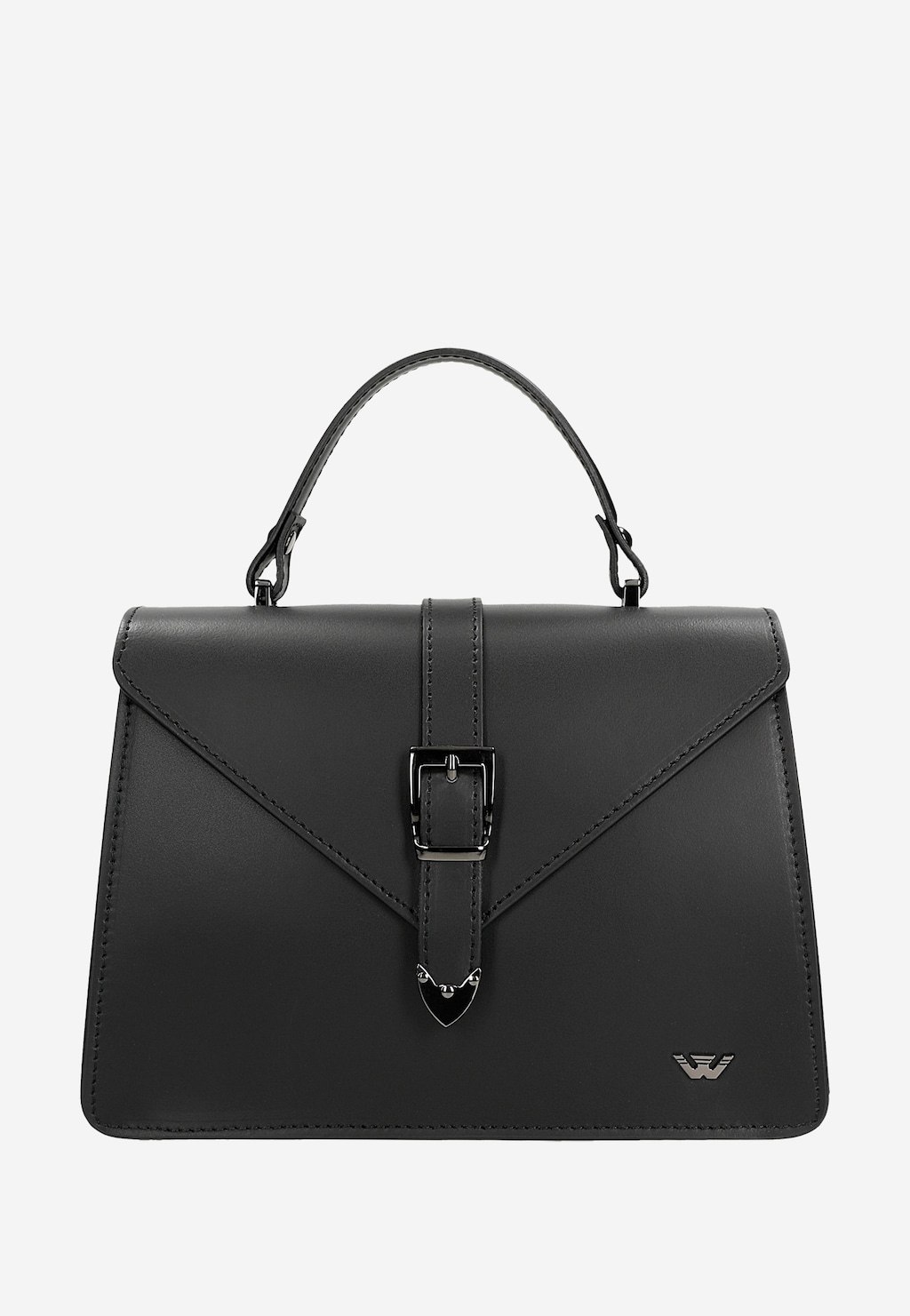 Elegancka czarna skórzana torebka damska Wojas typu kuferek model 80337-51 z charakterystycznym zapięciem na klamrę i logo marki w dolnym rogu.