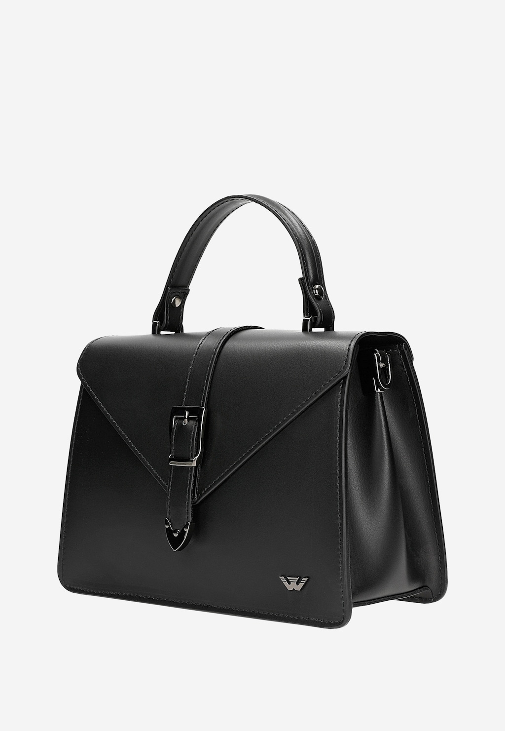 Elegancka czarna skórzana torebka damska Wojas typu kuferek model 80337-51 z ozdobną klapą, metalowym zapięciem i wygodnym uchwytem.