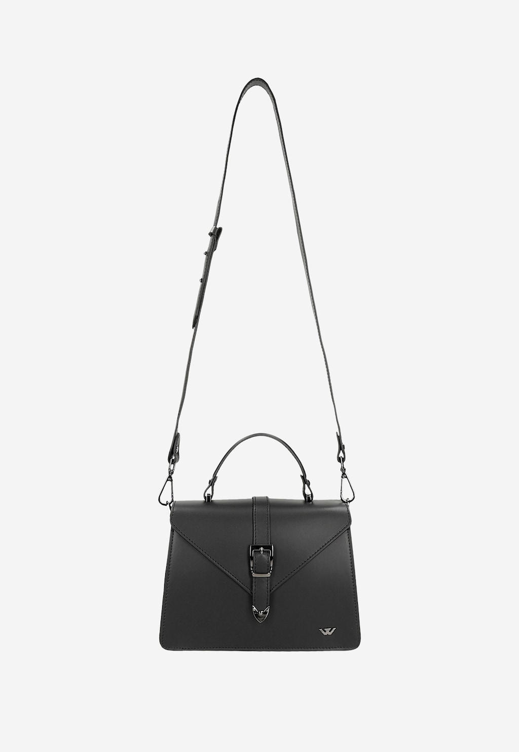 Czarna skórzana torebka damska Wojas model 80337-51 typu kuferek z regulowanym paskiem na ramię i zapięciem na klamrę, prezentowana z przodu.