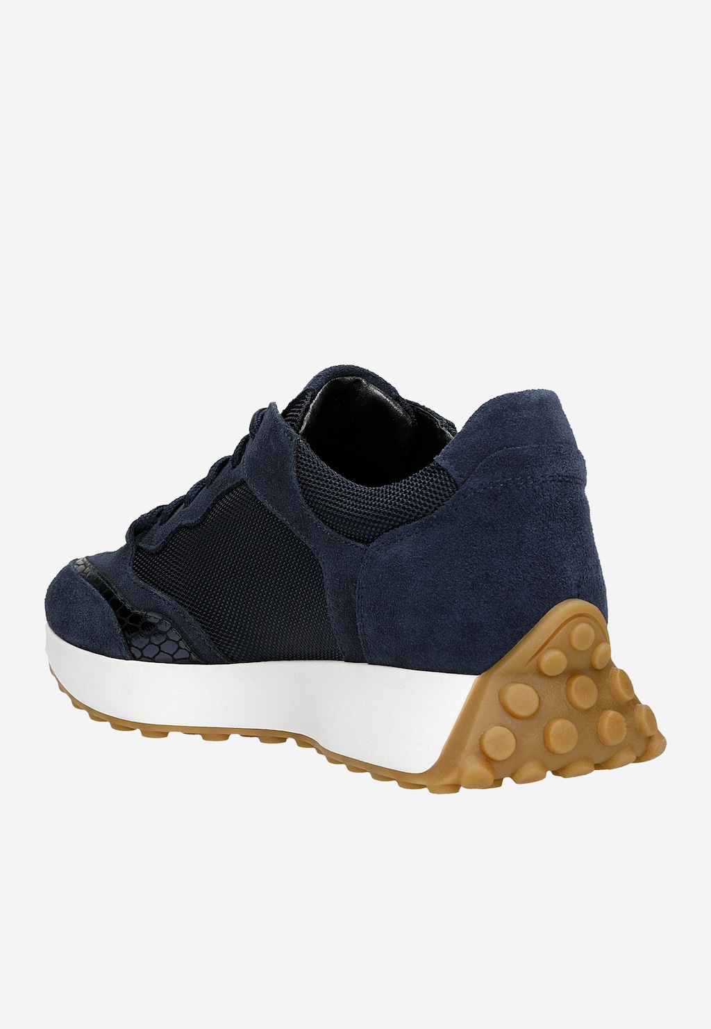 Granatowe sneakersy damskie Wojas model 46245-86 z łączonych materiałów, widok z boku. Charakterystyczna biała podeszwa i gumowa brązowa podeszwa zewnętrzna z wypustkami.