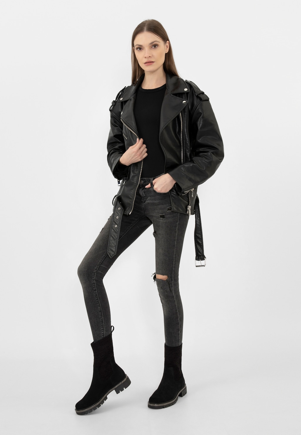 Čierne kožené botky so zateplenou ponožkou 55230-81 Widok 1