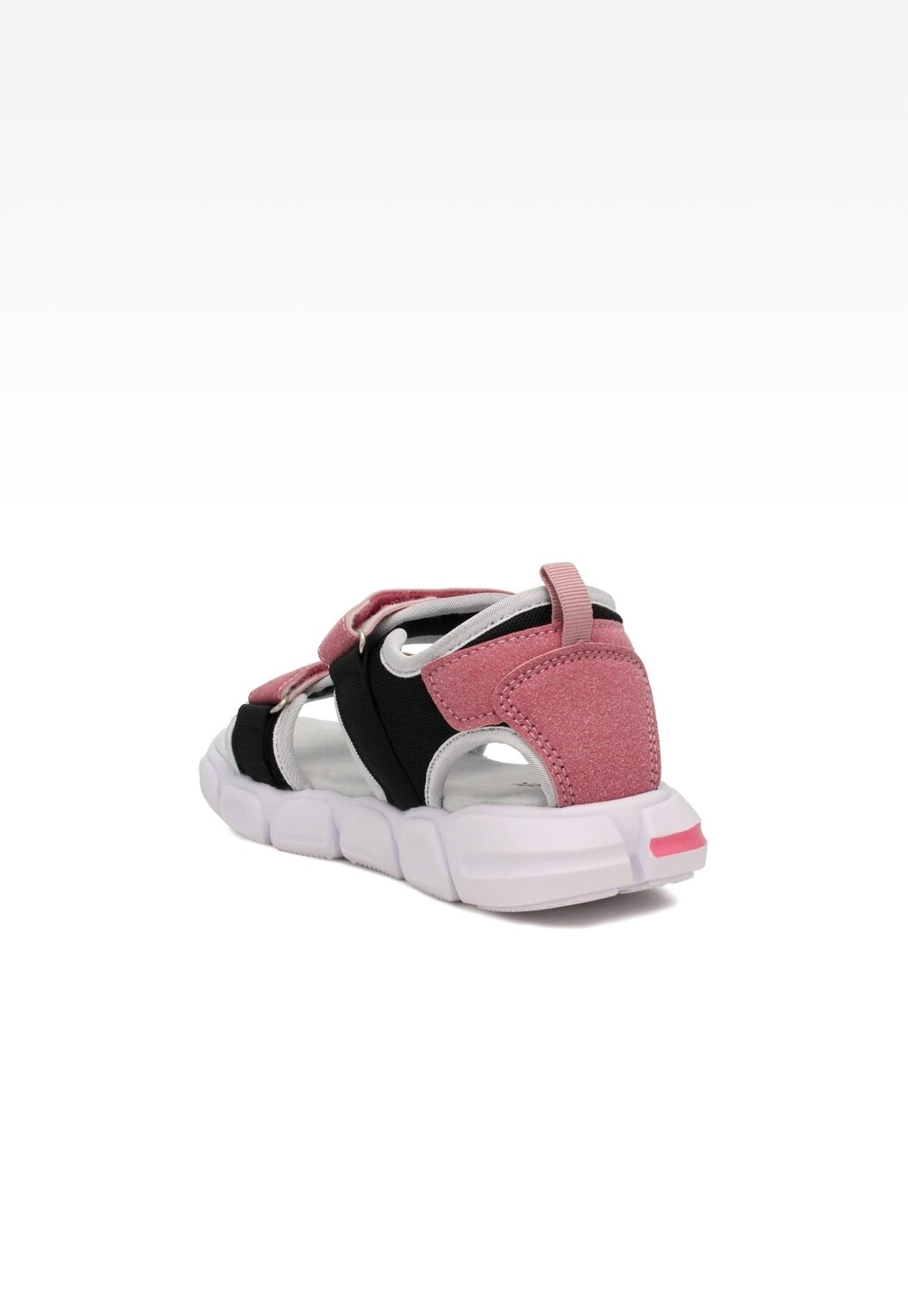 Różowe sandały dziecięce BARTEK 16076002 dla dziewczynki, z czarno-białymi akcentami, elastycznymi paskami i lekką podeszwą, widok z boku i tyłu.