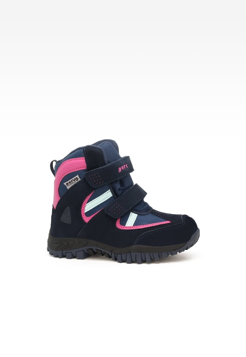 Trzewiki ocieplane Bartek 11603001 dla dziewcząt w kolorach granatowo-różowych, z zapięciem na rzepy, wodoodporne, z grubą podeszwą zimową, widok z boku.