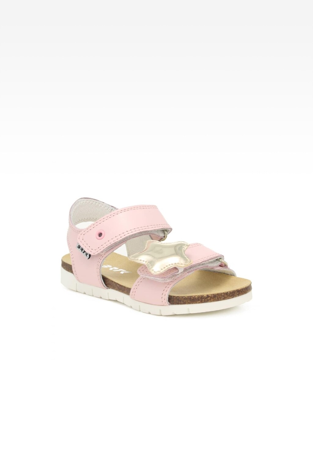 Różowe sandały dziecięce Bartek 16183023 dla dziewczynki z ozdobną gwiazdką, zapinane na rzepy, z korkową podeszwą i białą podeszwą zewnętrzną, widok z boku.