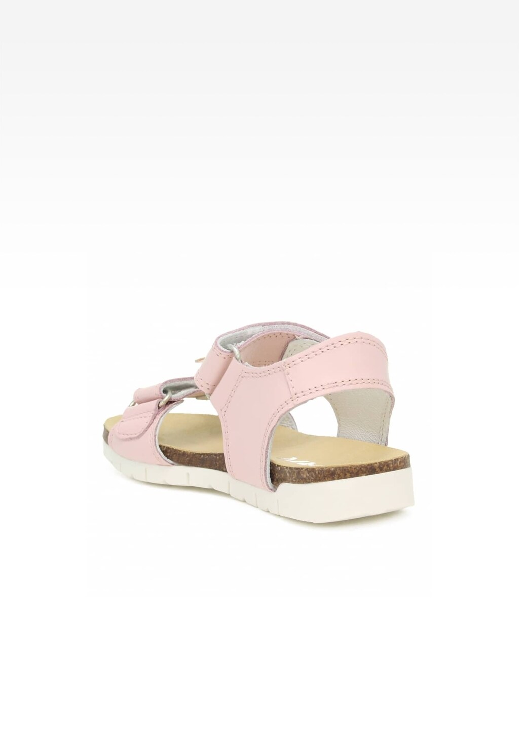 Różowe sandały dziecięce Bartek 16183023 dla dziewczynki, z rzepami, na korkowej wkładce i lekkiej, białej podeszwie, widok z tyłu i boku.