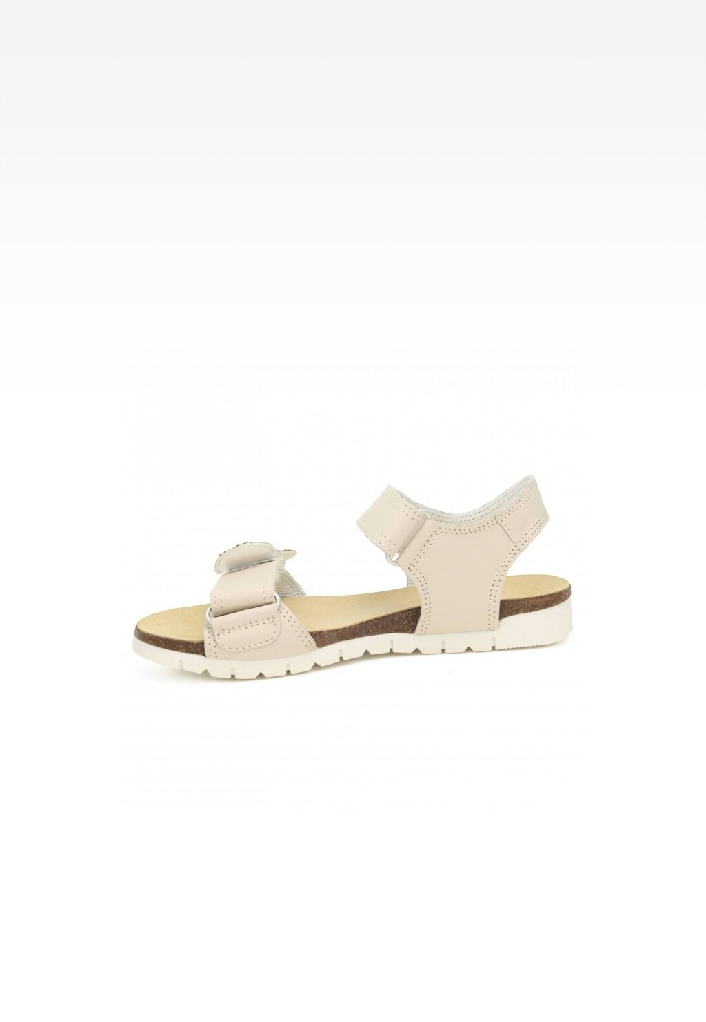 Beżowe sandały dziewczęce Bartek 16183021 z rzepami i ozdobną kokardką na przodzie, na jasnej, elastycznej podeszwie z korkowym elementem.