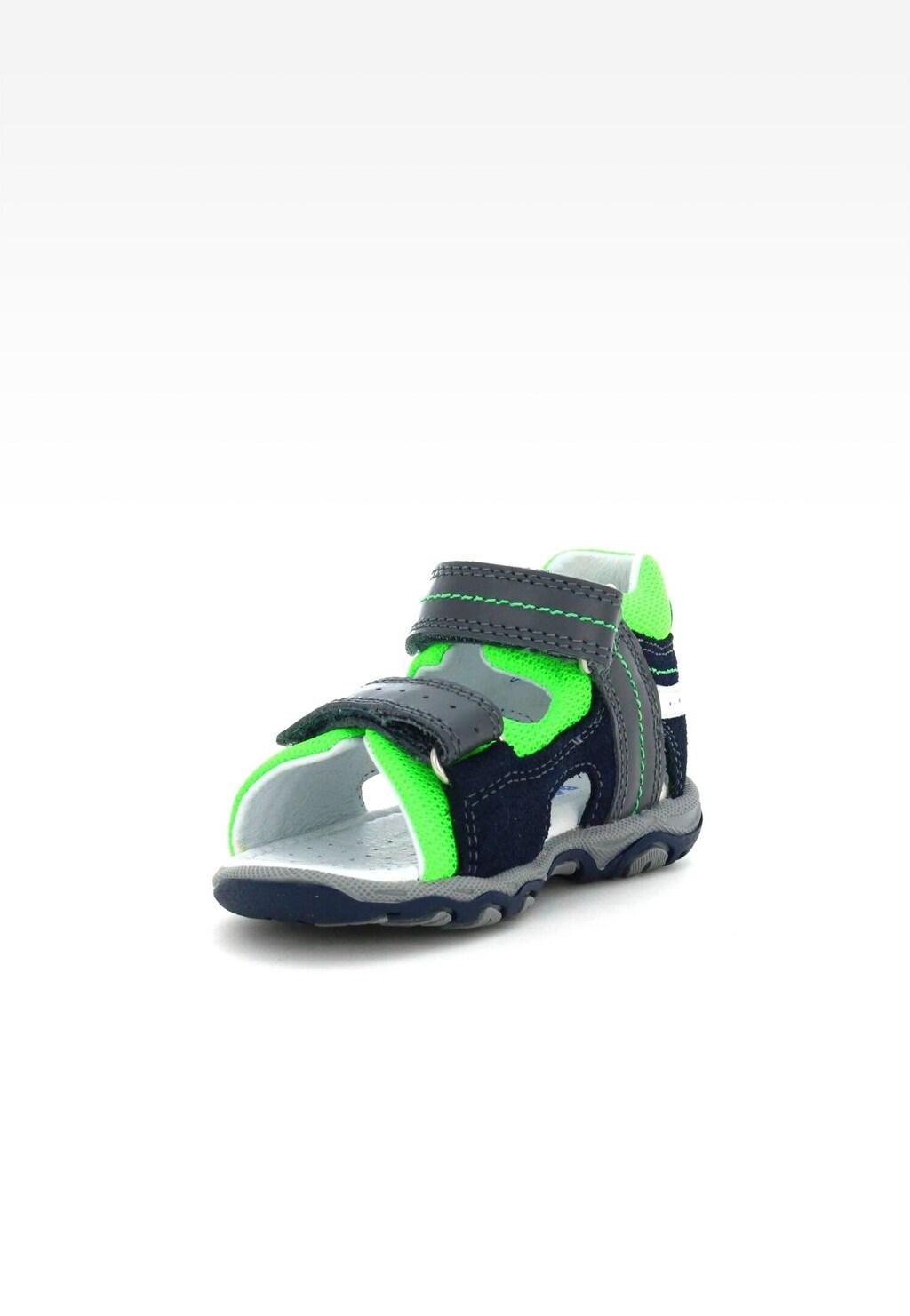 Sandały dziecięce Bartek W-11848-1/0G5 dla chłopców w kolorach granatowo-szaro-zielonych z rzepami, wyściełane neonową zieloną tkaniną, idealne na lato.