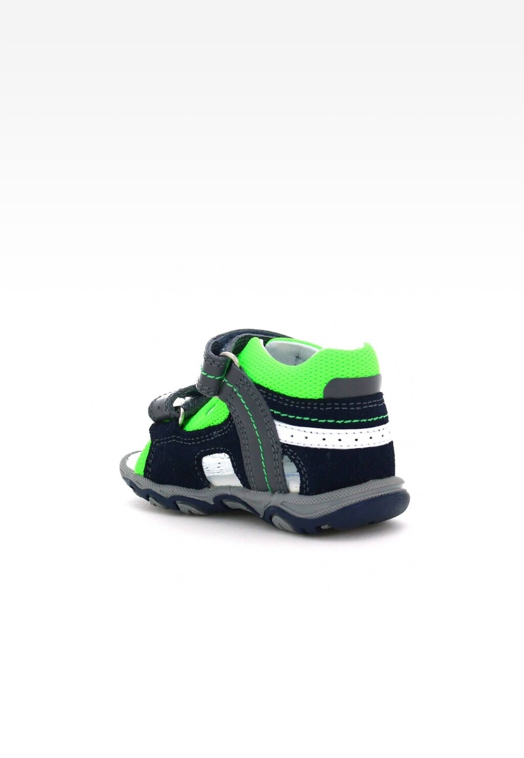 Chłopięce sandały Bartek W-11848-1/0G5 w kolorach granatowym, szarym i neonowo-zielonym, z zapięciem na rzep, widoczne z boku, na podeszwie z wyraźnym bieżnikiem.