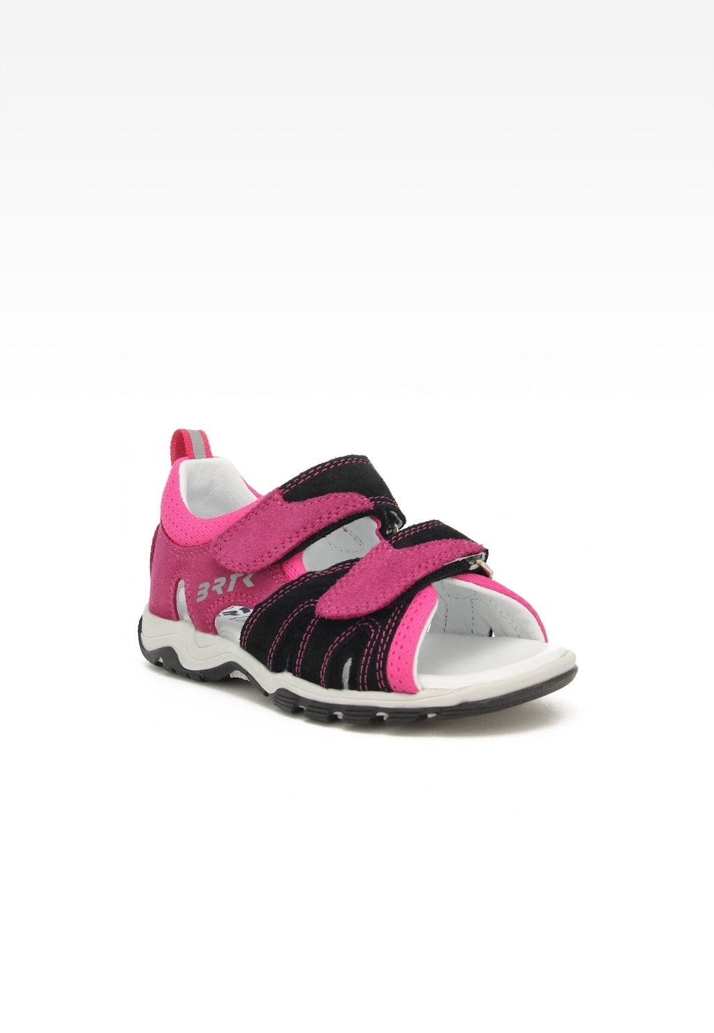 Dziewczęce sandały Bartek 019187-009 II w różowo-czarnej kolorystyce, z rzepami ułatwiającymi zakładanie, wyściełane jasną wkładką zapewniającą komfort noszenia.