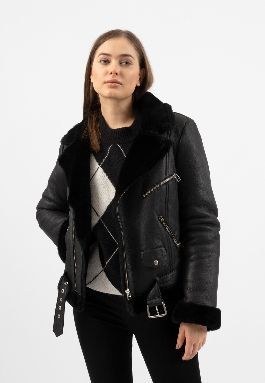 RELAKS czarny skórzany kożuch damski zimowy R99013-51 Widok 2