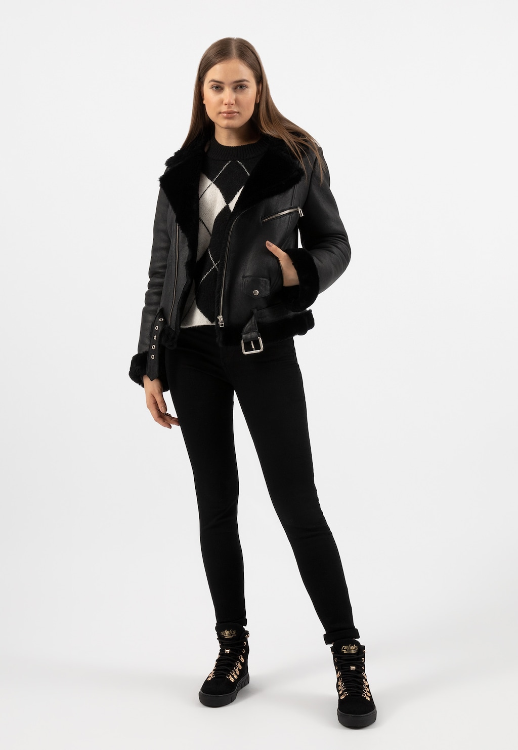 RELAKS czarny skórzany kożuch damski zimowy R99013-51 Widok 3