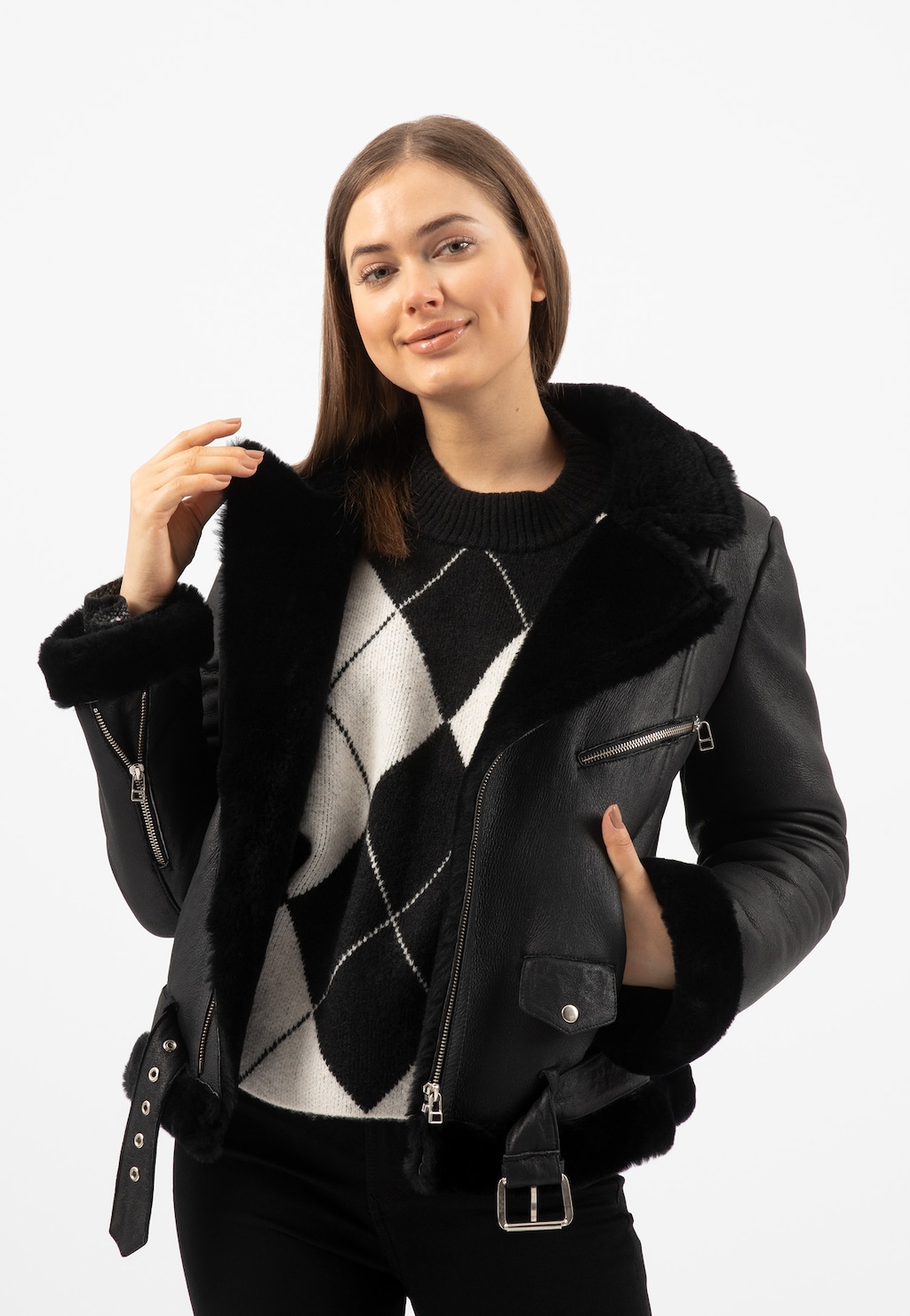 RELAKS czarny skórzany kożuch damski zimowy R99013-51 Widok 5