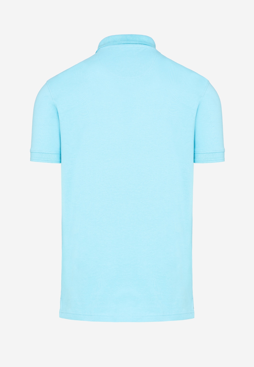 Tył jasnoniebieskiej koszulki polo męskiej Wojas model 98019-88, z bawełnianego materiału, widok z tyłu ukazujący prosty krój i charakterystyczny kołnierzyk.
