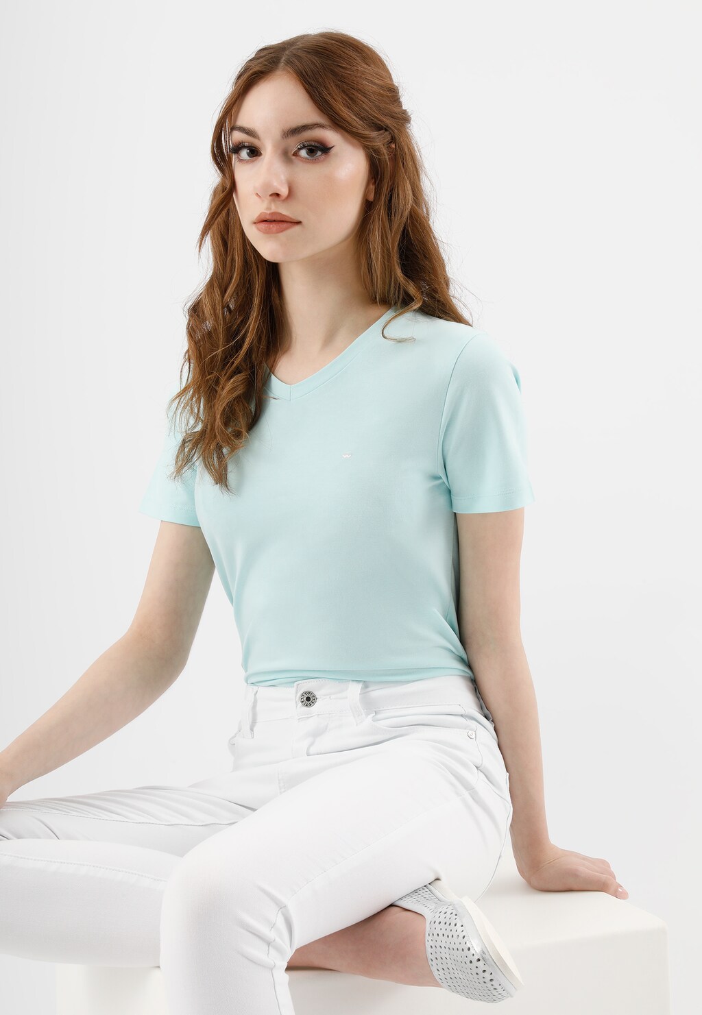 Jasnoniebieska bawełniana koszulka damska 98015-80 Widok 1