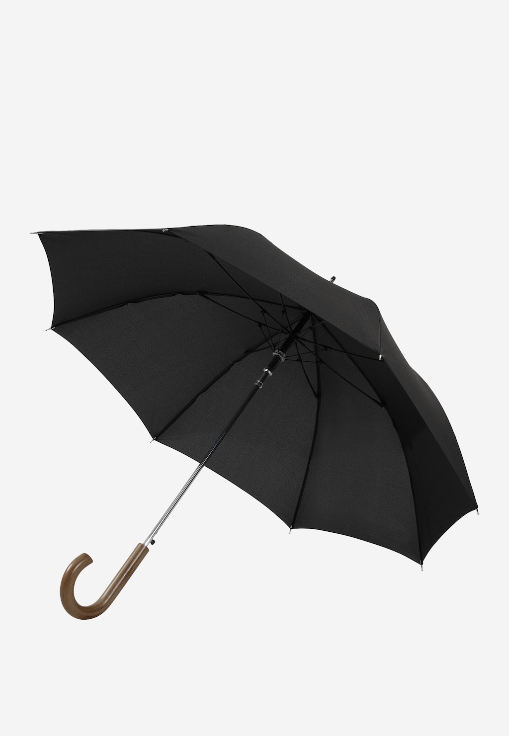 Elegancki czarny długi parasol Wojas model 96700-11 z drewnianą zakrzywioną rączką, otwarty, ukazujący solidną konstrukcję i klasyczny design.