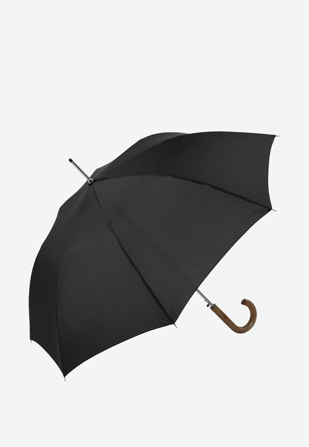 Elegancki czarny długi parasol Wojas model 96700-11 z drewnianą zakrzywioną rączką i metalowym stelażem, widoczny z boku w rozłożonej formie.