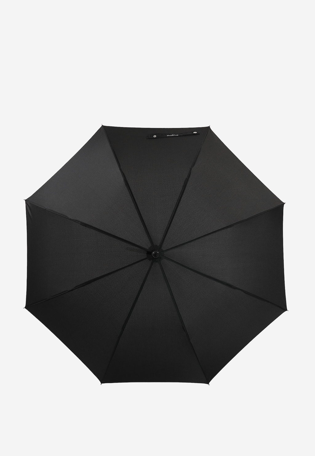 Czarny długi parasol Wojas model 96700-11 widoczny z góry, z ośmioma panelami i eleganckim uchwytem z logo marki. Klasyczny, minimalistyczny design.