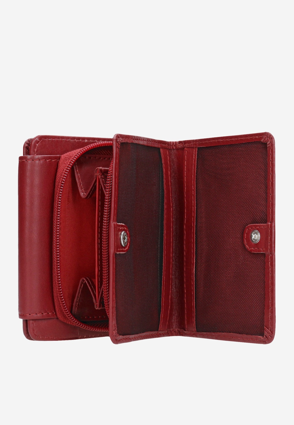 Czerwony skórzany portfel z kolekcji Wojas, model 9956-55, otwarty z widoczną przegródką na monety z zamkiem oraz kieszonkami na karty i dokumenty.