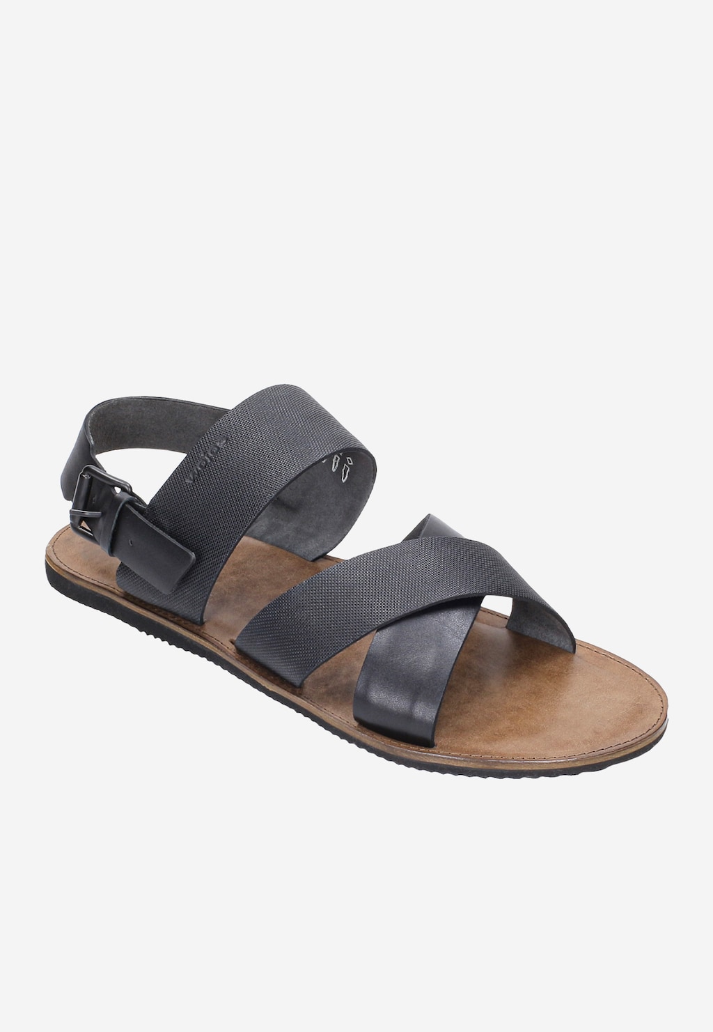 Czarne sandały męskie Wojas 8304-51 z naturalnej skóry o różnych teksturach, z krzyżującymi się paskami i brązową wkładką, zapinane na klamrę.