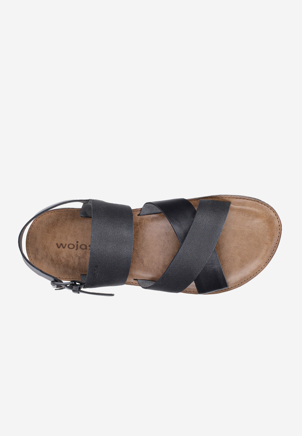 Czarne sandały męskie Wojas model 8304-51 z krzyżującymi się paskami ze skóry naturalnej o różnych fakturach i brązową wkładką, widok z góry.
