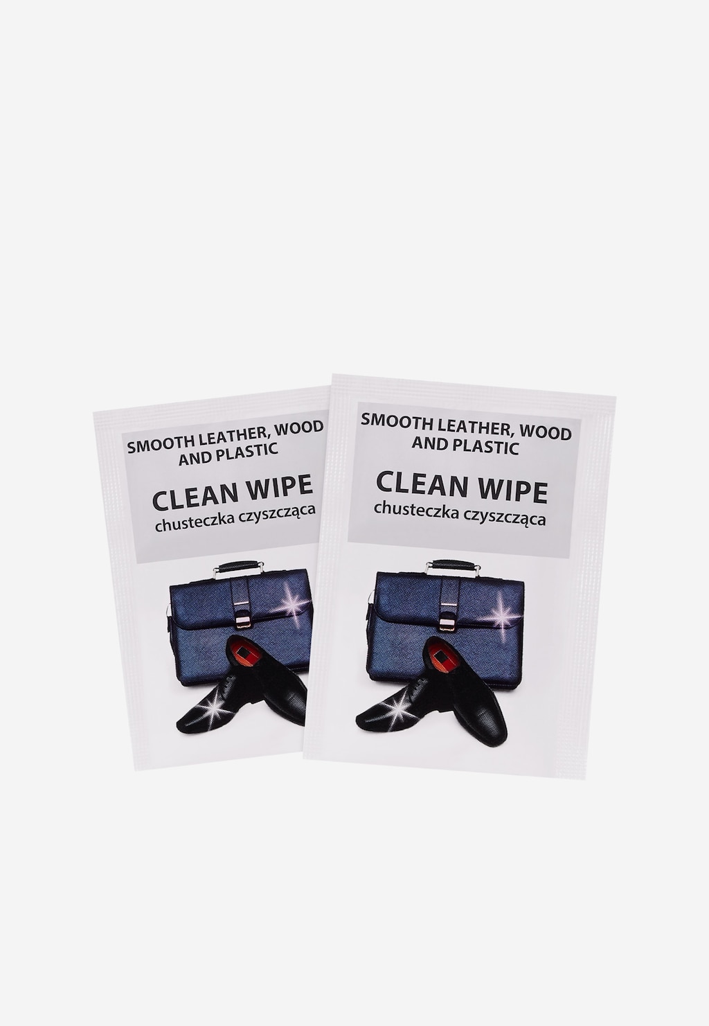 Dwie saszetki z chusteczkami czyszczącymi Clean Wipe do skóry, drewna i plastiku, przedstawione obok eleganckiej aktówki i butów marki Wojas z folią ochronną Perfect Heel 99005-00.
