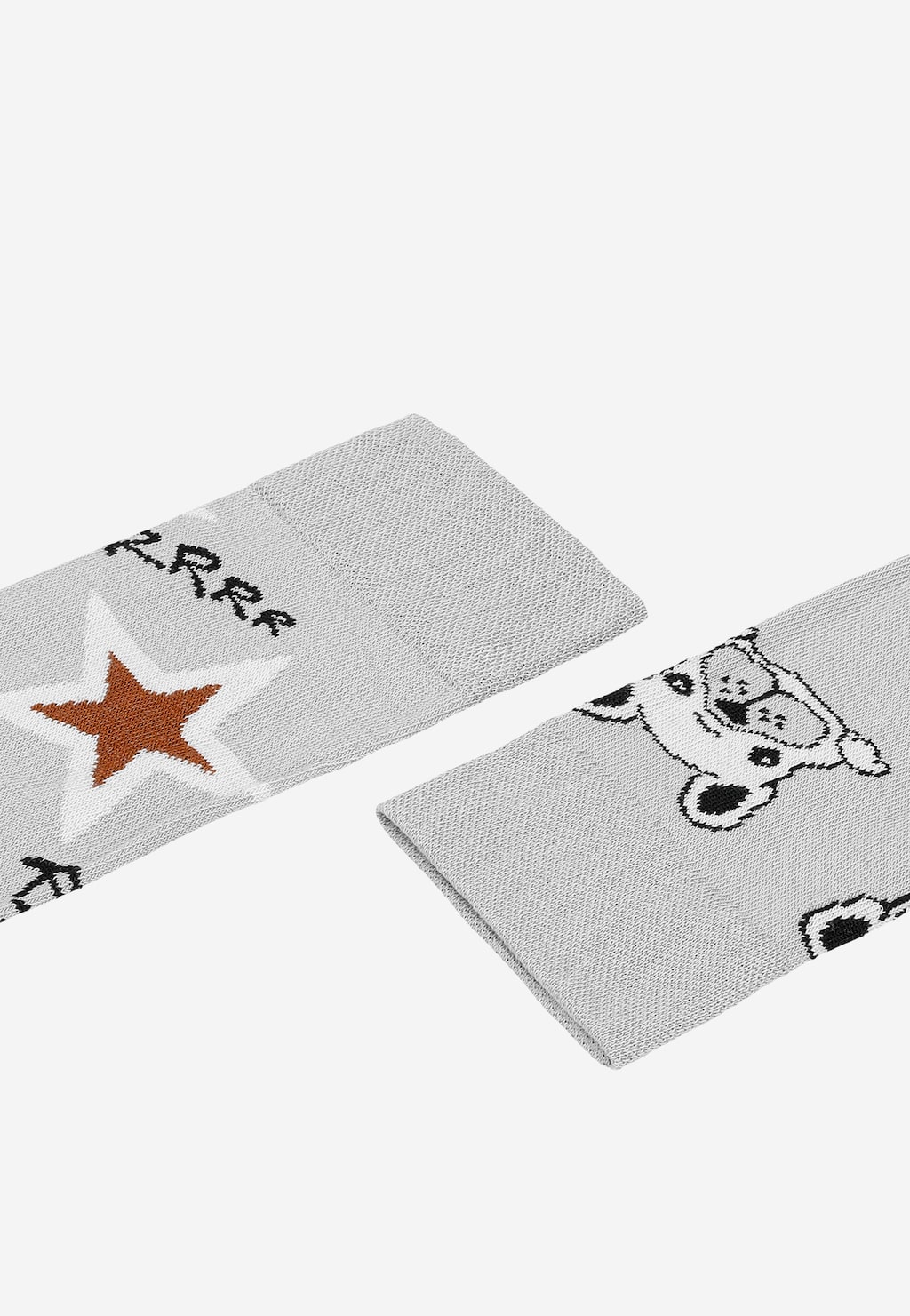 Szare skarpety Wojas model 97079-80 z charakterystycznym wzorem buldogów francuskich, pomarańczową gwiazdą i żółtymi akcentami, przedstawione z dwóch perspektyw.