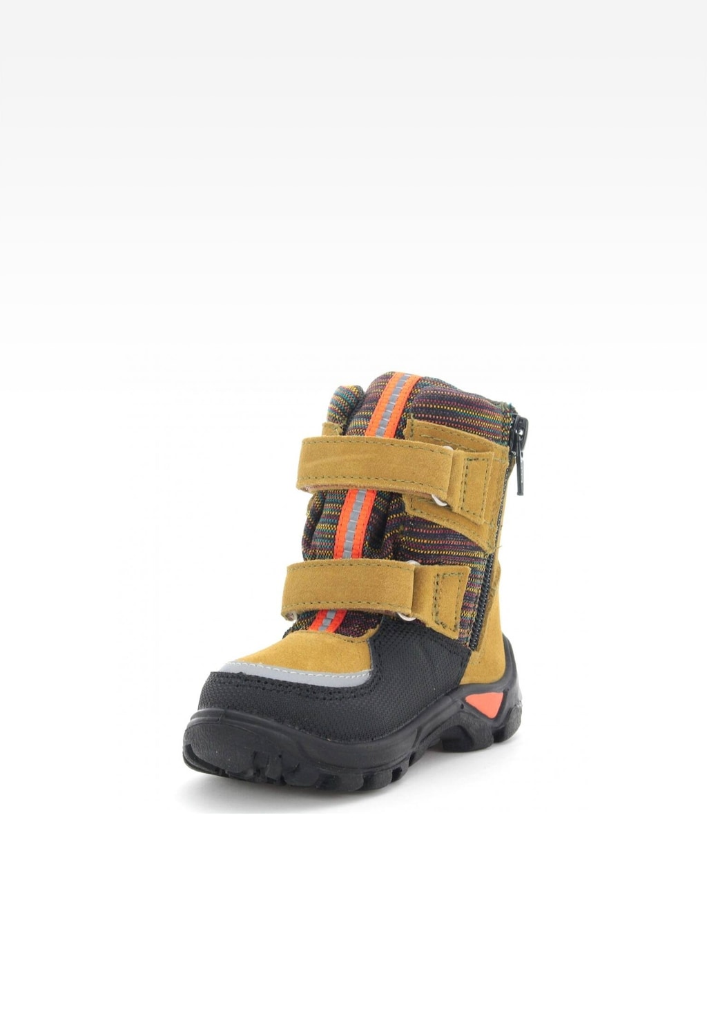 Brązowy trzewik ocieplany Bartek T-91759/W64 dla chłopców z dwoma rzepami, kolorowym wzorem i zamkiem bocznym, posiadający antypoślizgową podeszwę.