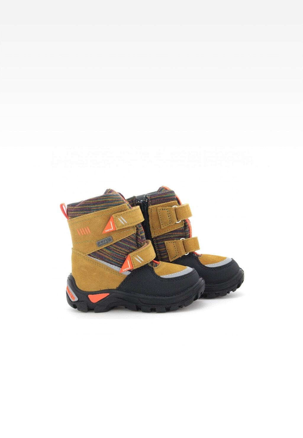 Brązowe ocieplane trzewiki dziecięce Bartek T-91759/W64 z kolorowymi wstawkami, zapinane na dwa rzepy, z antypoślizgową podeszwą, idealne na zimowe warunki dla chłopców.