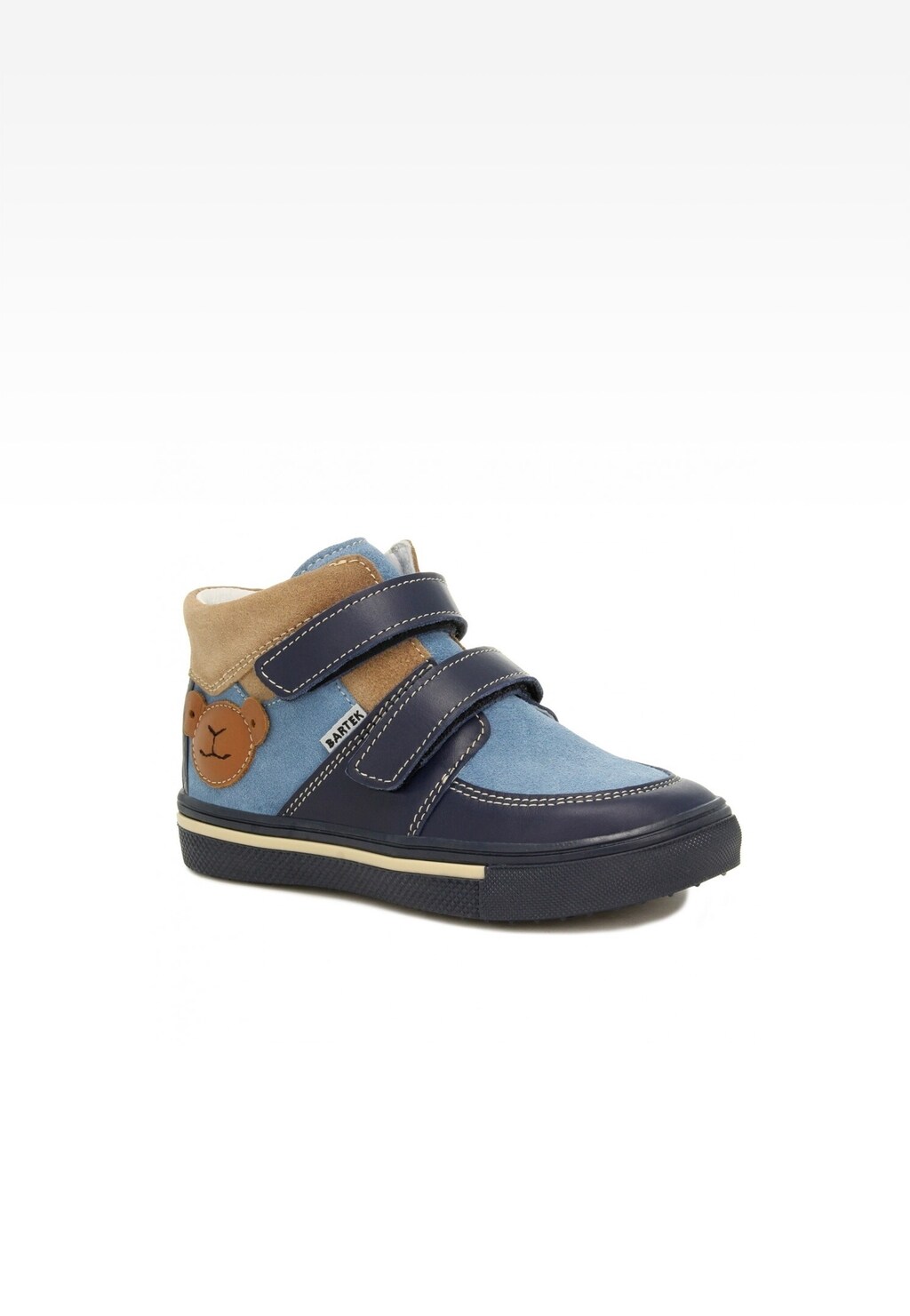 Trzewiki dziecięce Bartek 11714002 w kolorze niebiesko-beżowym z ozdobną aplikacją misia, zapinane na dwa rzepy, idealne dla chłopców.
