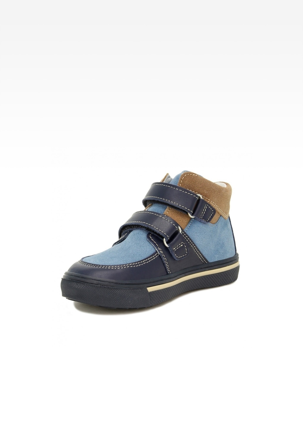 Niebiesko-beżowe trzewiki chłopięce Bartek 11714002 z rzepami, wykonane z zamszu i skóry, na czarnej podeszwie z jasnym paskiem - widok z boku.