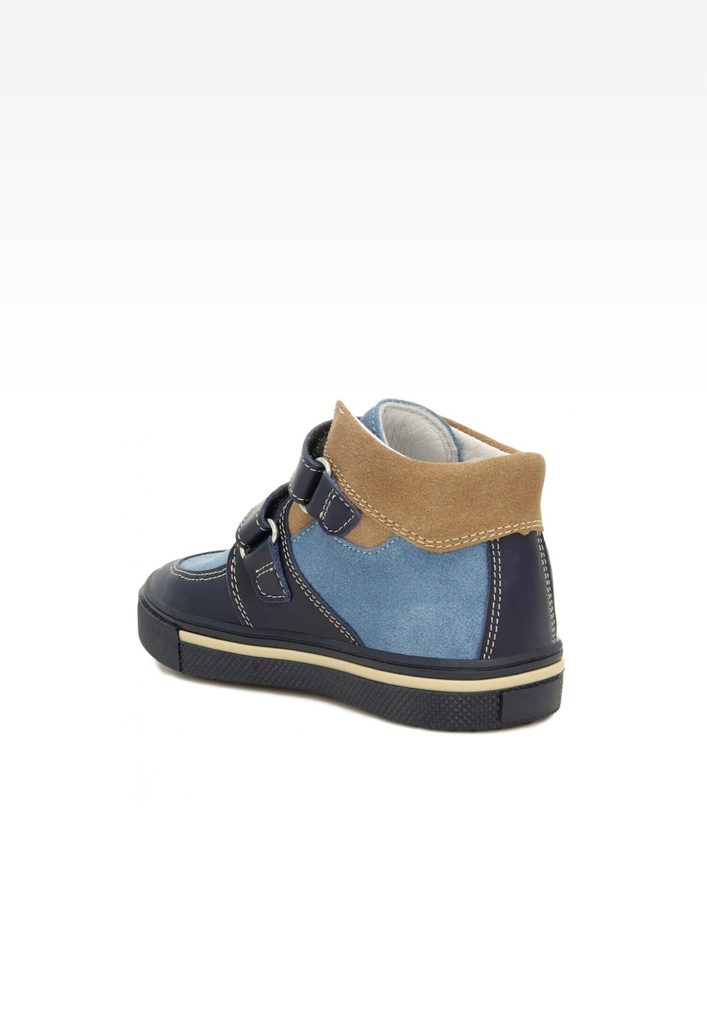 Trzewiki BARTEK 11714002 dla chłopców w kolorze niebiesko-beżowym, z rzepami, miękką wyściółką i cholewką z zamszowych elementów, widok z boku.