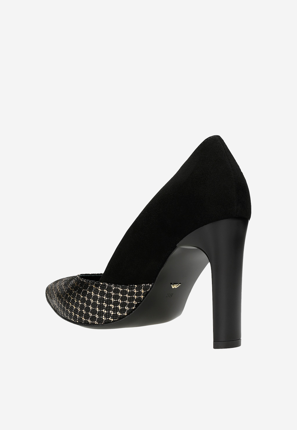 Czarne welurowe czółenka Wojas model 35136-71 z boku, ukazujące elegancki złoty wzór na czubku buta i wysoki, stabilny obcas. Widoczne logo marki na podeszwie.