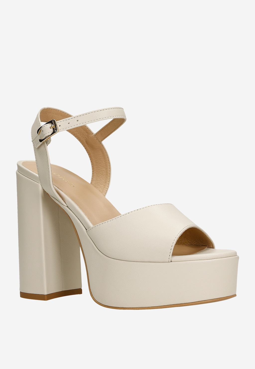 Beżowe skórzane sandały damskie Wojas model 76146-54 na wysokim masywnym obcasie z platformą i regulowanym paskiem na kostce, z otwartymi palcami.