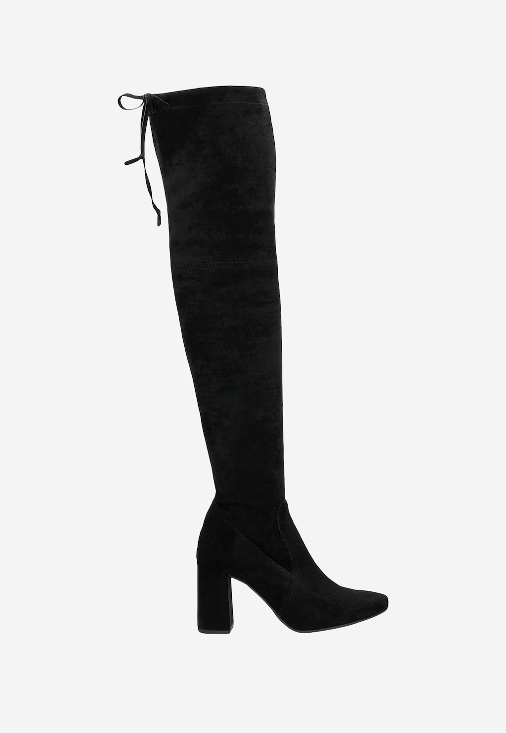 Czarne kozaki damskie Wojas model 71042-81 nad kolano z zamszowej skóry, z wiązaniem u góry i wysokim, kwadratowym obcasem, widoczne z boku.