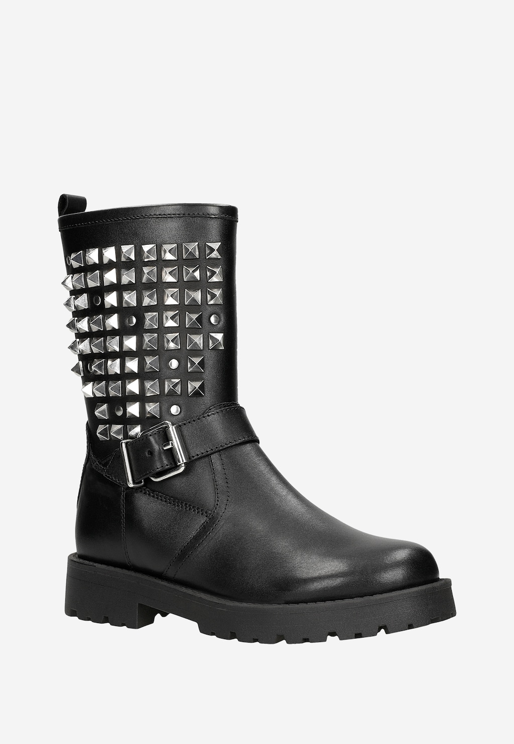 Czarne skórzane buty motocyklowe Wojas 55250-51 z ozdobnymi metalowymi ćwiekami na cholewce, klamrą na boku i grubą podeszwą, widoczne z boku.