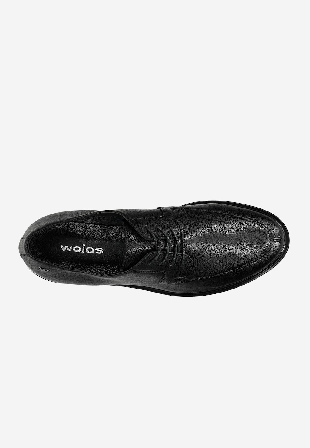 Czarne eleganckie półbuty damskie Wojas model 46250-51 z widokiem z góry, ukazującym skórzaną fakturę, system sznurowania i logo marki na wkładce.