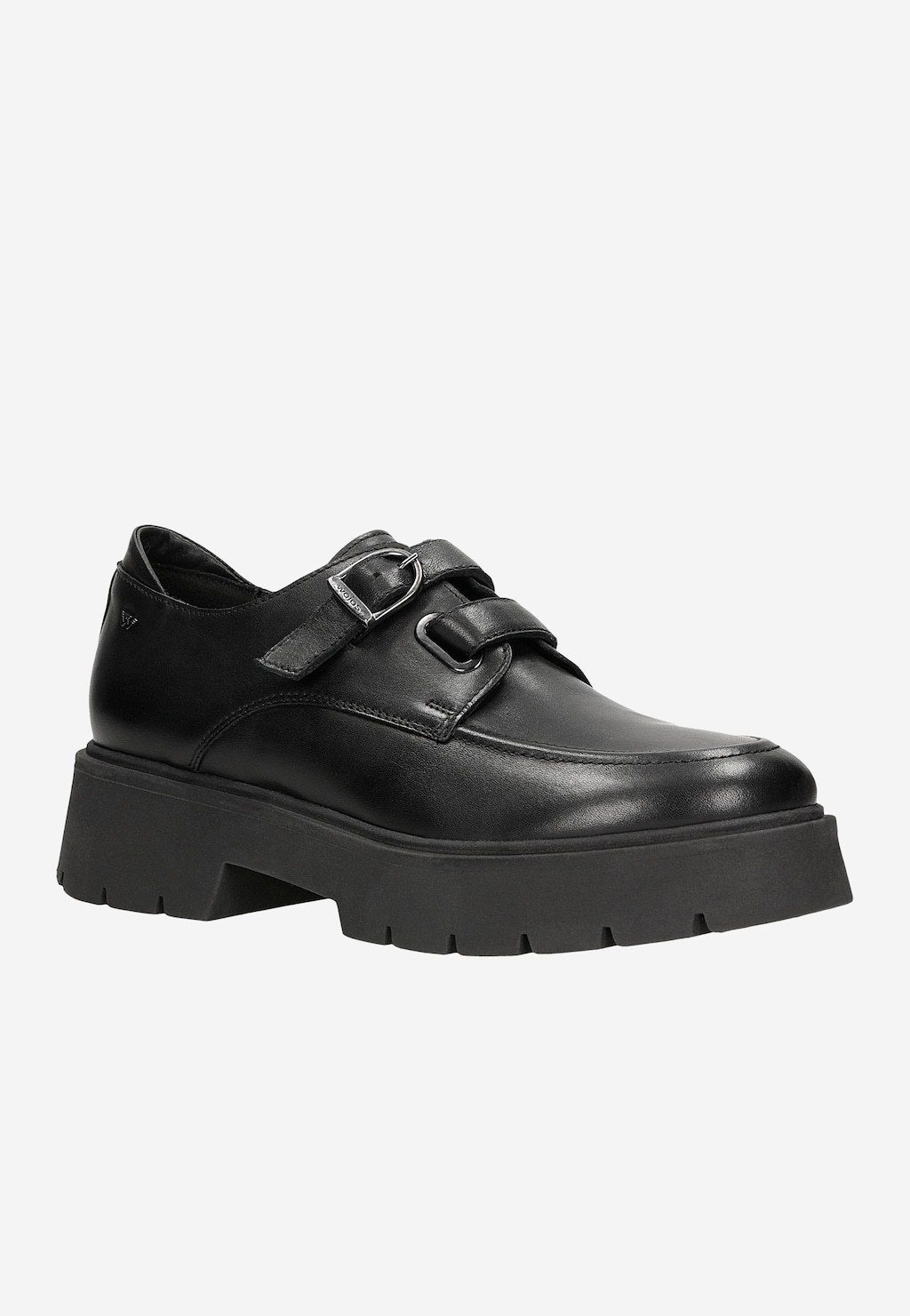 Czarne skórzane półbuty damskie Wojas 46248-51 z podwójnym zapięciem na rzepy, na masywnej podeszwie platformie z charakterystycznym protektorem.