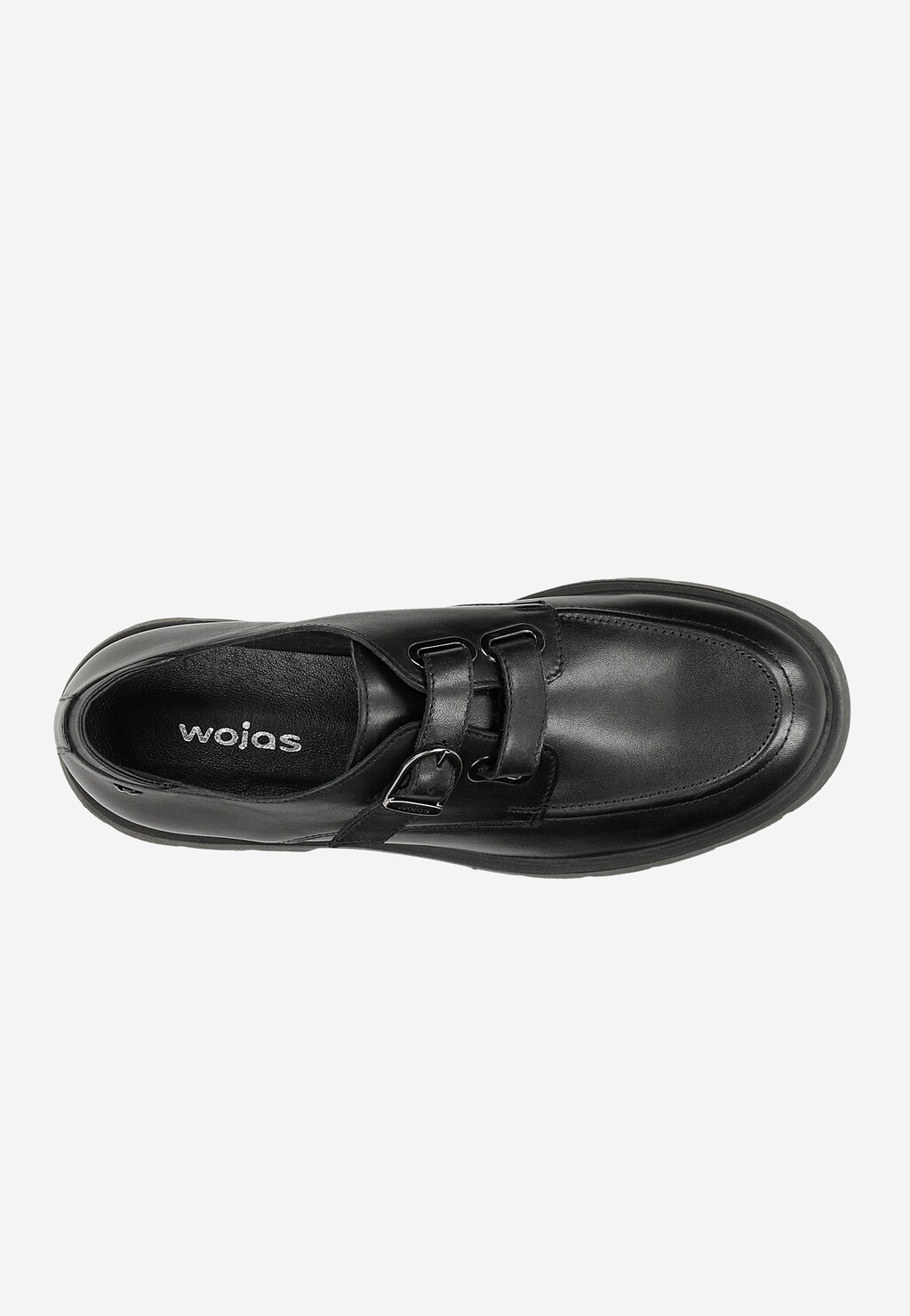 Czarne skórzane półbuty damskie Wojas 46248-51 z rzepami, widok z góry. Elegancki model na grubej podeszwie z wyraźnie widocznym logo marki we wnętrzu buta.